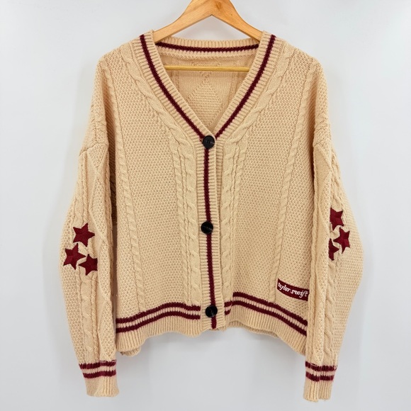 Taylor Swift Sweaters - Hand Knitted Beige Cardigan With Red Stars Over Sized Medium